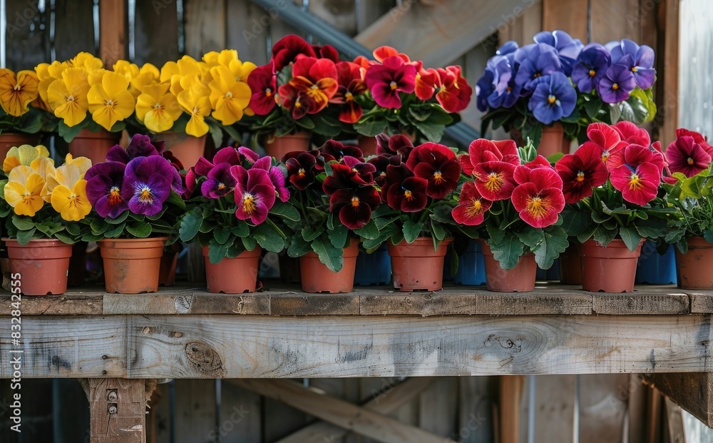 Colorful pansies in pots on shelf at flower shop, vibrant colors of reds and yellows, in greenhouse setting with rows of plants for sale, high resolution photography