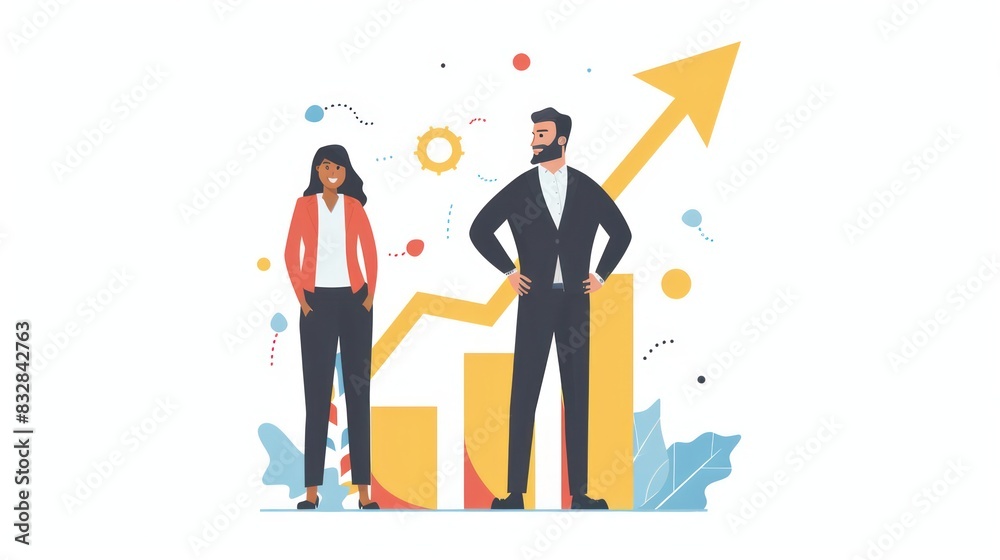 Man and woman on the background of an arrow going up. The concept of crisis management, teamwork. A group of strong, successful businessmen Man and woman on the background of an arrow going up. The concept of crisis management, teamwork. A group of strong, successful businessmen