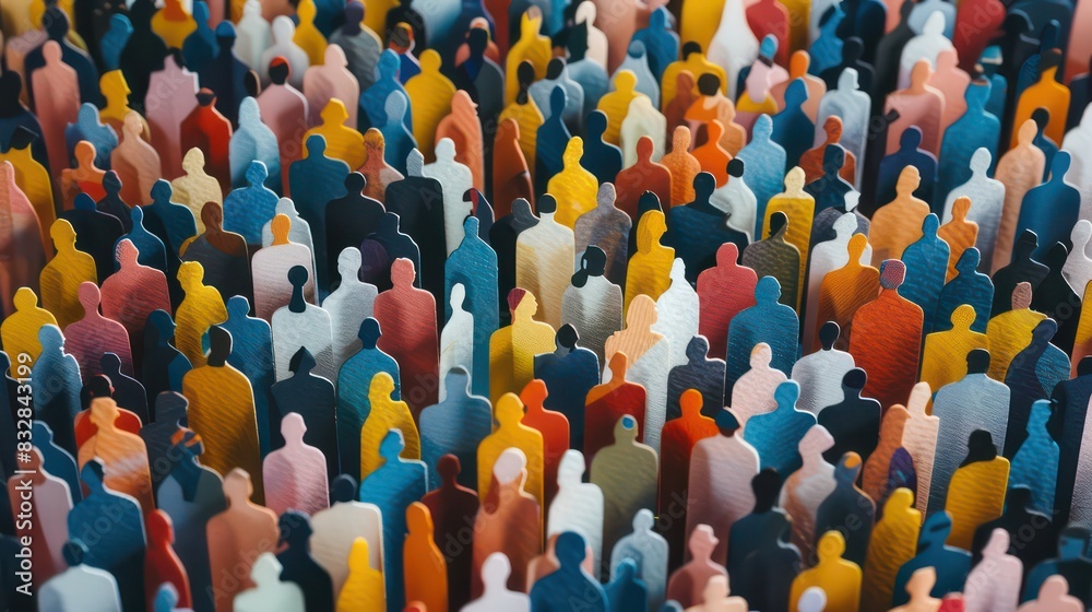 Fototapeta premium Paper cut out of a large crowd of people standing together. Diverse community and teamwork concept