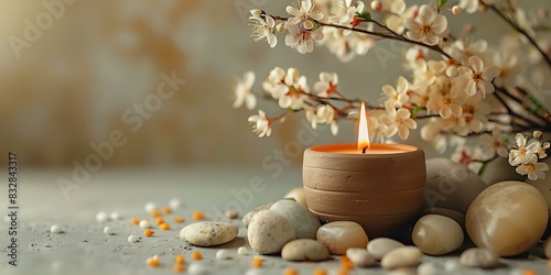 Lit candle in a clay holder surrounded by smooth stones and blooming branches on a textured surface  ideal for spa  wellness  and relaxation-themed projects. Perfect for promoting tranquility 