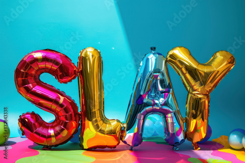   slay  spelled in bold foil balloons with a playful mix of colors on a dynamic background