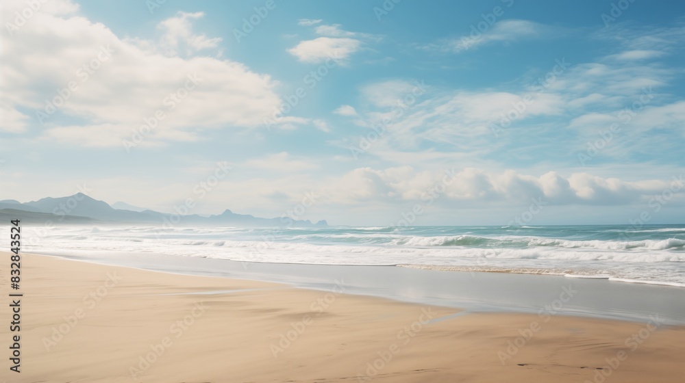 A Picturesque Sandy Beach with Serene Ocean Waves and Clear Blue Sky A Picturesque Sandy Beach with Serene Ocean Waves and Clear Blue Sky