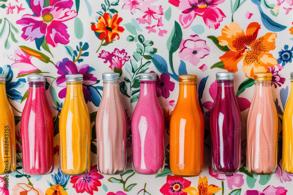 fruit smoothies in stylish glass bottles on a patterned floral backdrop fruit smoothies in stylish glass bottles on a patterned floral backdrop