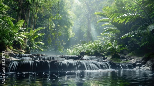 Tranquil Waterway in the Rainforest Calm Flowing Stream and Serene Cliff Views Provide a Soothing Escape for the Spirit