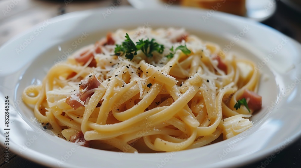 Pasta Carbonara is a classic Italian dish. It's usually made with Parmesan cheese, guanciale or pancetta, eggs, and black pepper.