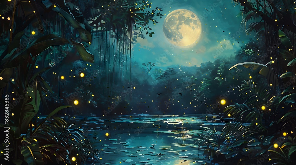 Fototapeta premium Lush Jungle at Night with Starry Sky and Glowing Moonlight in the Wilderness