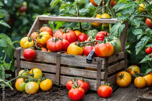 Sunlit tomato garden  ripe red and yellow tomatoes  crate overflows with cherry to beefsteak variety
