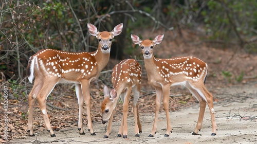Young fawn standing next to a mature doe in a peaceful and lush forest environment
