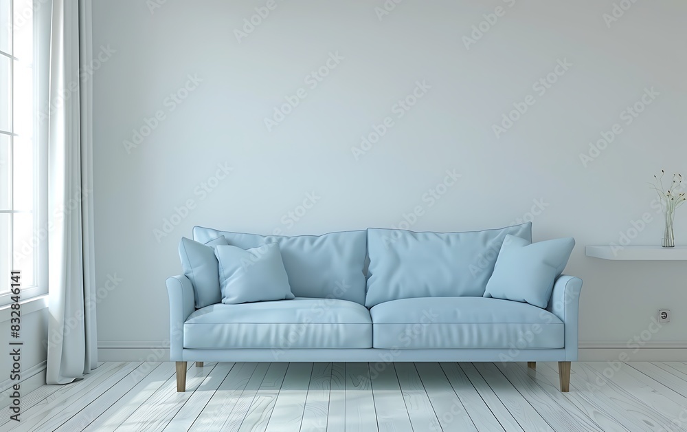 Modern interior design of living room with light blue sofa and white wall background, in the style of light blue sofa and white wall background