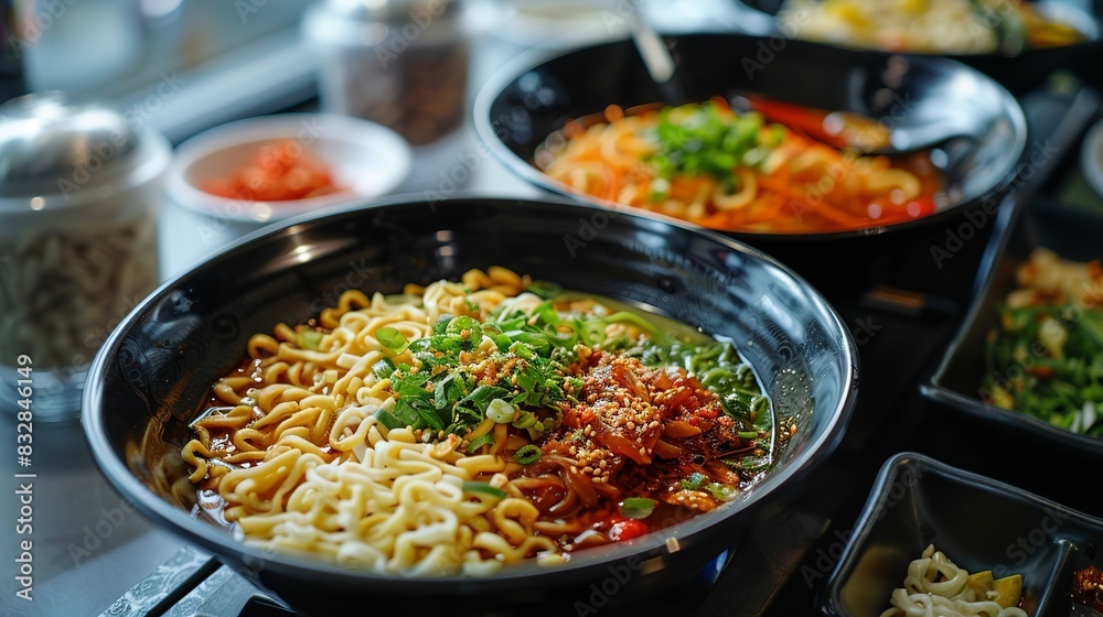 Noodles and pasta on a black table, with various Asian dishes arranged around. Delicious hot soups from Thailand, China, and Japan are ready to enjoy! Noodles and pasta on a black table, with various Asian dishes arranged around. Delicious hot soups from Thailand, China, and Japan are ready to enjoy!