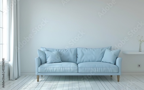 Modern interior design of living room with light blue sofa and white wall background, in the style of light blue sofa and white wall background