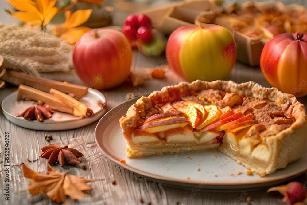 Apple Pie Slice, Fruit Cinnamon Dessert, Apple Cake, Delicious Thanksgiving Tart, Copy Space, Generative AI Illustration