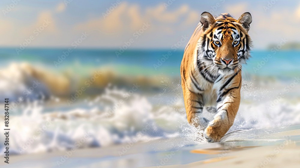 Fototapeta premium A Bengal tiger strides through ocean surf, gazing intently forward.