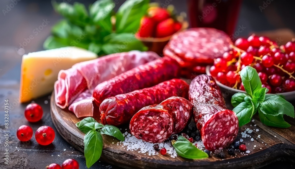 Spanish charcuterie board with jamon, pork sausage, fuet, cheese, and assorted berries