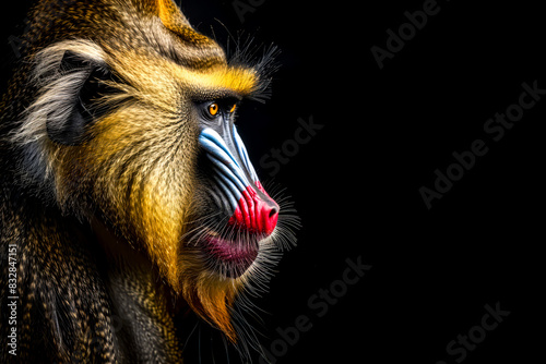 Side profile of a mandrill with vibrant facial colors against a dark background. photo