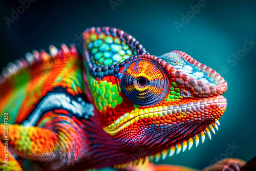 A colorful chameleon with a vibrant pattern.