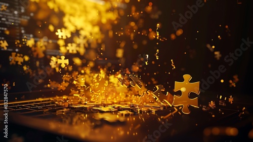 Abstract background with golden puzzle pieces. photo