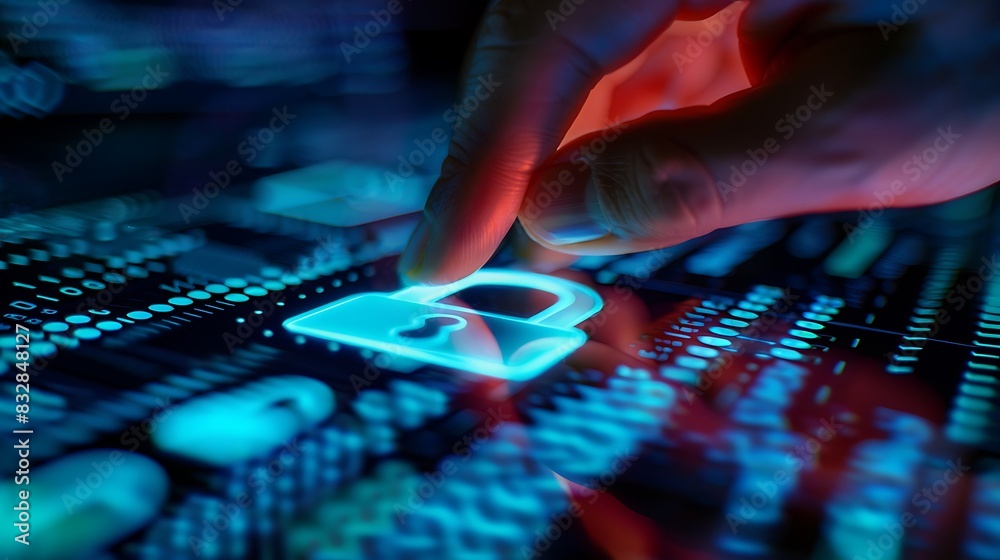 Finger pressing a glowing blue padlock icon on a digital screen. Finger pressing a glowing blue padlock icon on a digital screen.