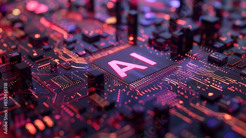 Purple motherboard with the word AI glowing in the center.