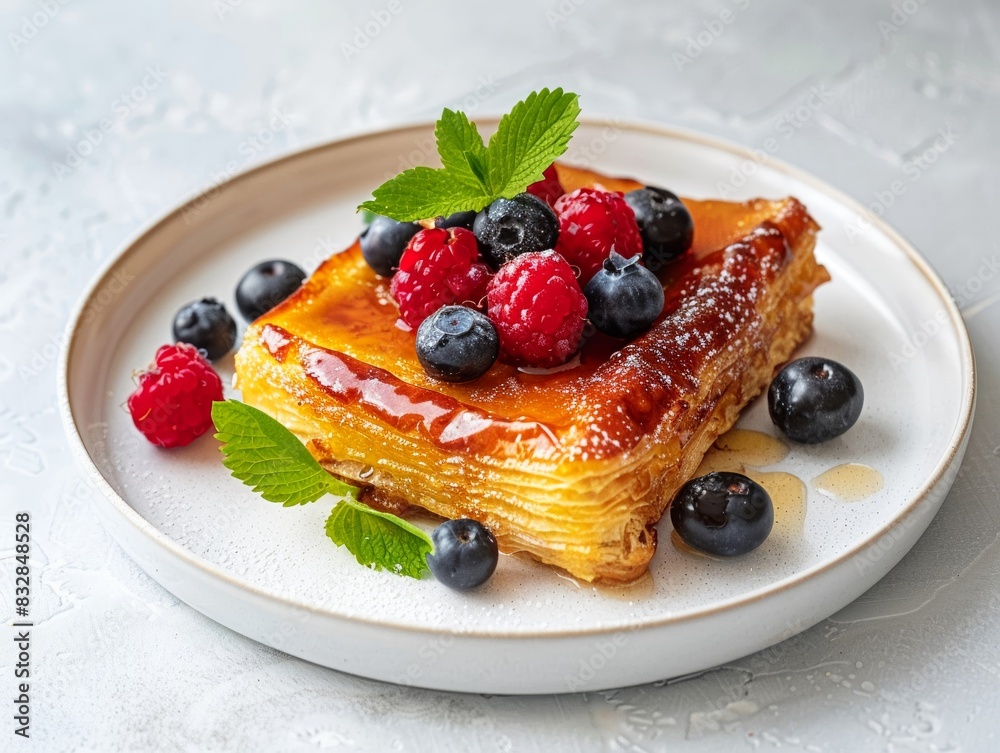 Pain Perdu with caramelized edges, set on a white plate, fresh berries on top, minimalist background, ideal for ads Pain Perdu with caramelized edges, set on a white plate, fresh berries on top, minimalist background, ideal for ads