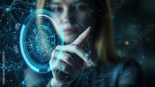 The photo shows a woman in a dark background with a blue light in her hand. She seems to be touching a fingerprint-shaped digital interface. photo