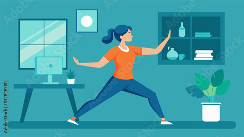 A woman in a cramped apartment follows a virtual tai chi routine feeling calm and centered as she moves through the imaginary space.. Vector illustration