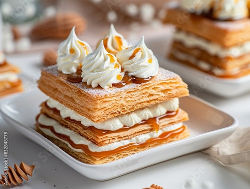 Delicate SaintHonore cake with choux pastry, caramel, and whipped cream, set on a plain white dish, soft natural lighting photo