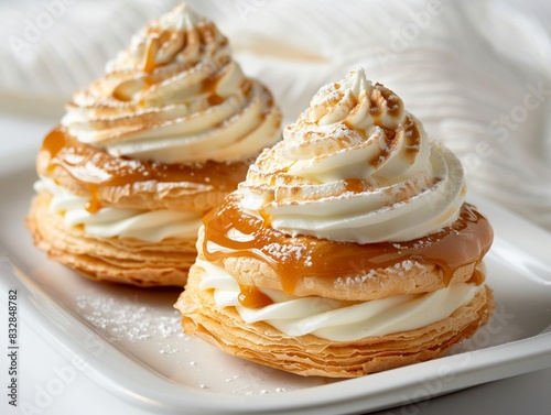 Delicate SaintHonore cake with choux pastry, caramel, and whipped cream, set on a plain white dish, soft natural lighting photo