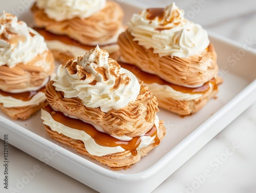 Delicate SaintHonore cake with choux pastry, caramel, and whipped cream, set on a plain white dish, soft natural lighting photo