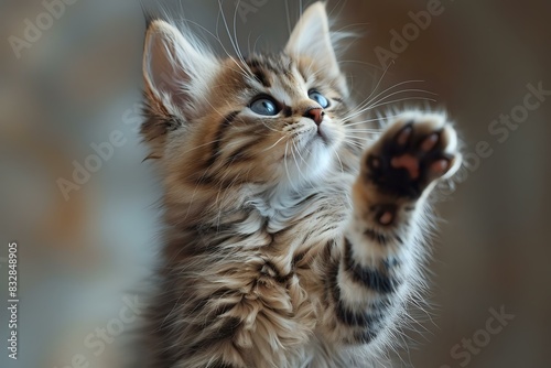  Adorable fluffy kitten reaching out with its paw, perfect for pet-themed projects. Ideal for promoting pet adoption, pet products, and animal photography.