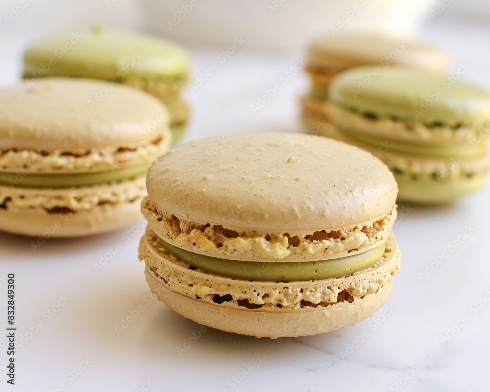 Pistachio macarons with a smooth filling are located on a clean, bright and attractive white surface.