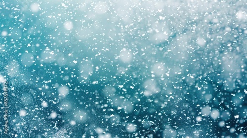 Random falling snow flakes wallpaper. Snowfall dust freeze granules. Snowfall sky white teal blue background. Snow nature scenery - Generative Ai