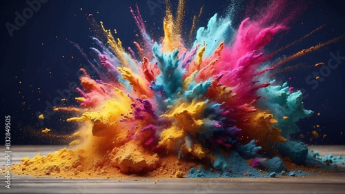 Colored powder explosion. Abstract closeup dust on backdrop. 