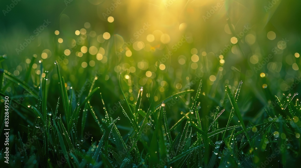 Dew on the fresh grass at dawn