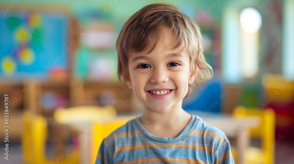Boy in kindergarten, smiling boy, toys and colorful walls blurred in the background Boy in kindergarten, smiling boy, toys and colorful walls blurred in the background