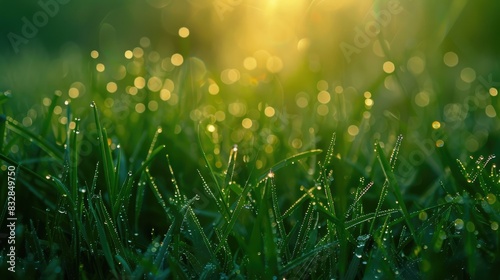 Dew on the fresh grass at dawn