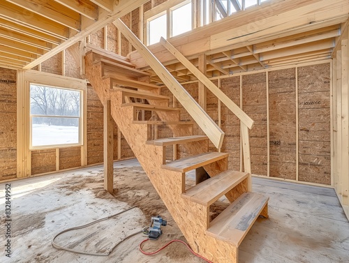 A staircase is being built in a room with a window. The staircase is made of wood and is in the process of being installed