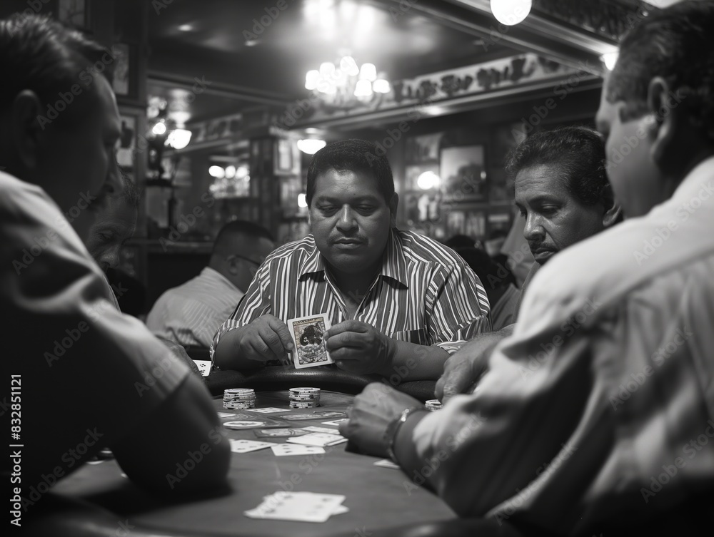 A man is playing poker with three other men. Scene is relaxed and casual A man is playing poker with three other men. Scene is relaxed and casual
