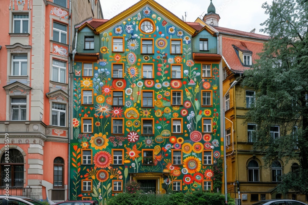 Fototapeta premium Colorful floral mural on a residential building in the city