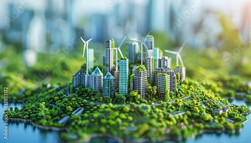 An ecofriendly city powered by sustainable energy, featuring wind turbines, solar panels on rooftops, and electric vehicles, all integrated into a green urban landscape © Nawarit