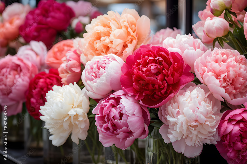 Lush display of assorted pink, peach and white peonies in clear vases in a flower shop Lush display of assorted pink, peach and white peonies in clear vases in a flower shop