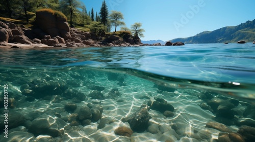 Crystal Clear Waters Underneath a Sunny Sky with Rocky Shoreline and Trees