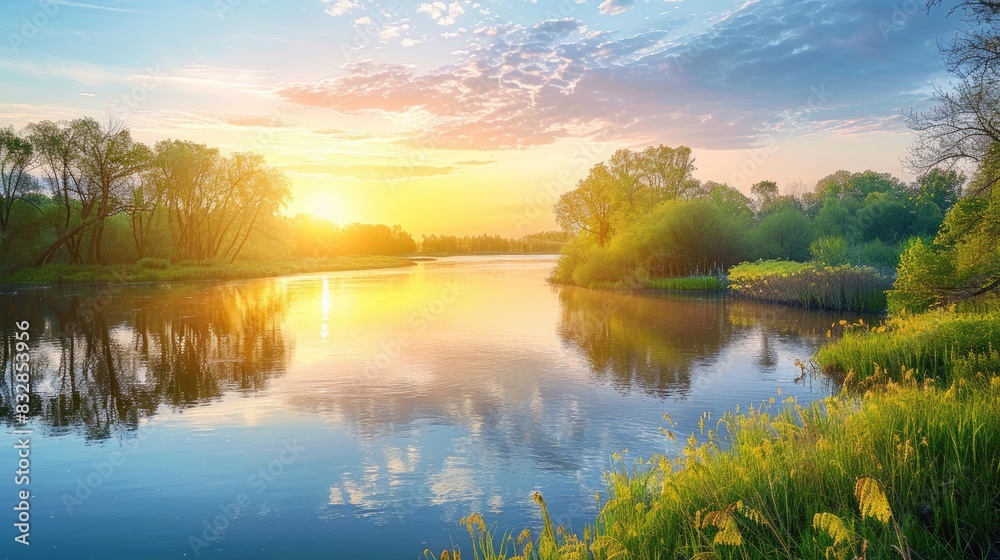 Scenic view of sunrise over river in spring Scenic view of sunrise over river in spring