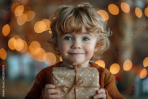 Adorable child holding a wrapped gift with festive lights in the background, capturing the joy and excitement of the holiday season. Perfect for holiday blogs, family content, and festive promotions.