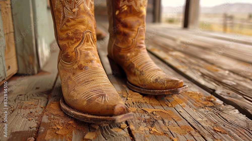 old cowboy boots on a rustic porch, wild west theme banner with space for text old cowboy boots on a rustic porch, wild west theme banner with space for text