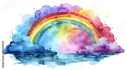 
Watercolor painting of a vibrant rainbow arching over clouds and water, showcasing a dreamy and colorful scene. Perfect for art blogs, inspirational content, and design projects.