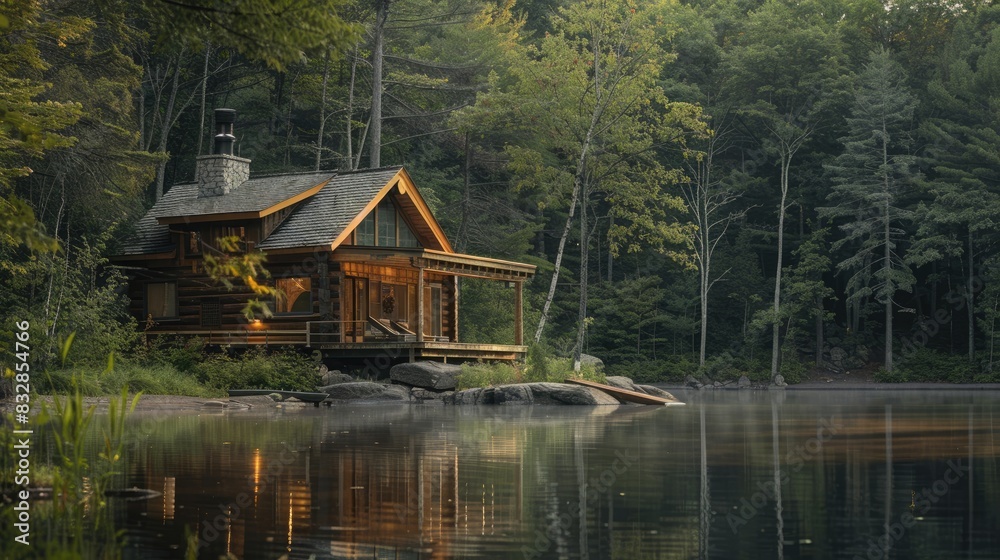 Fototapeta premium A Cabin and Relaxing Shelter by the Lake in the Woods