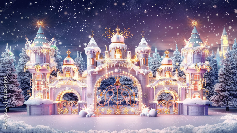 Obraz premium A castle stands tall in a snowy Christmas setting