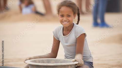 A young girl is sitting on the sand with a bucket in her lap photo