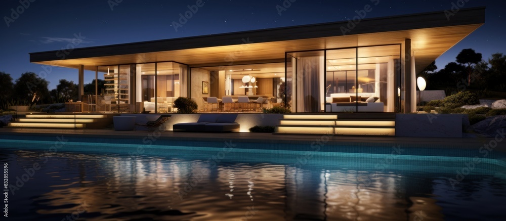 Modern villa with swimming pool, at night Modern villa with swimming pool, at night